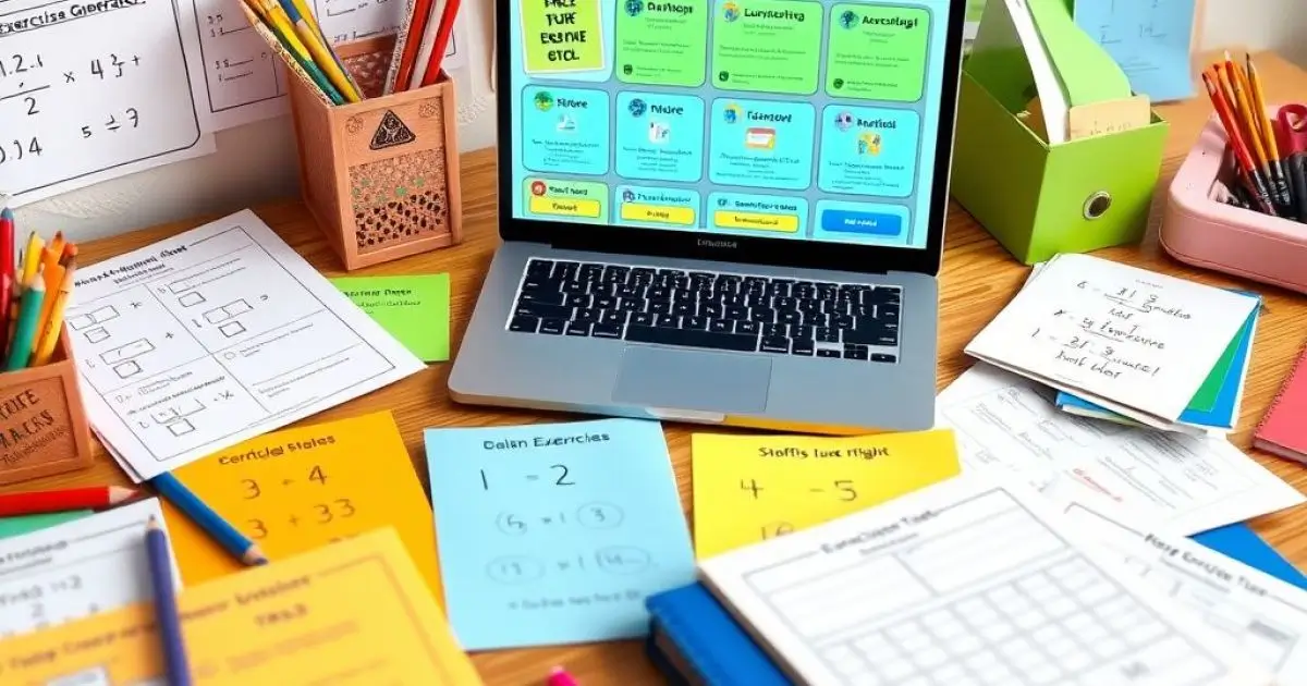 Bureau d'étudiant avec des fiches d'exercices et un ordinateur affichant plusieurs exercices