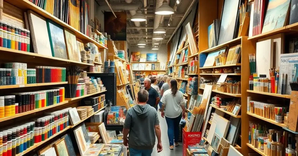 Rayon d'un magasin de matériels pour artistes avec des clients