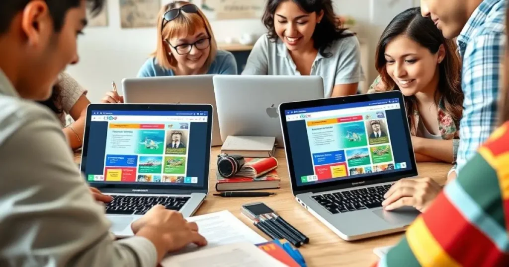 Etudiants qui révisent de l'espagnol grâce à des sites sur leurs ordinateurs