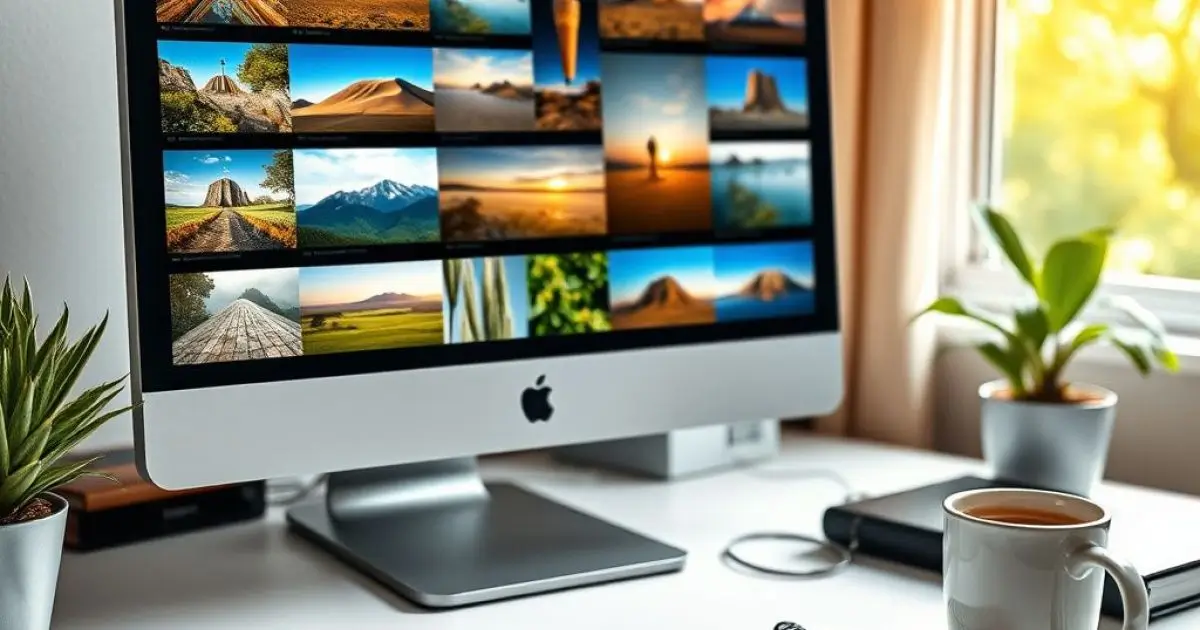 Ordinateur iMac affichant de nombreuses photos et images sur l'écran