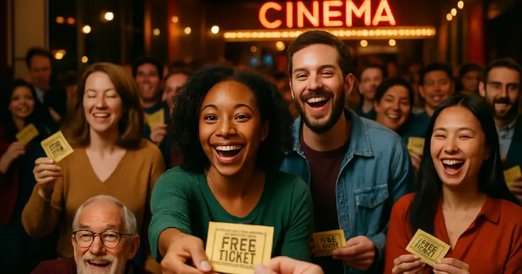 Plusieurs spectateurs d'une salle de cinéma tenant une entrée gratuite dans les mains