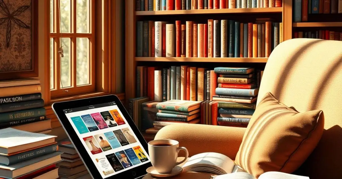 Bibilothèque remplie de livres et une tablette affichant aussi des e-books