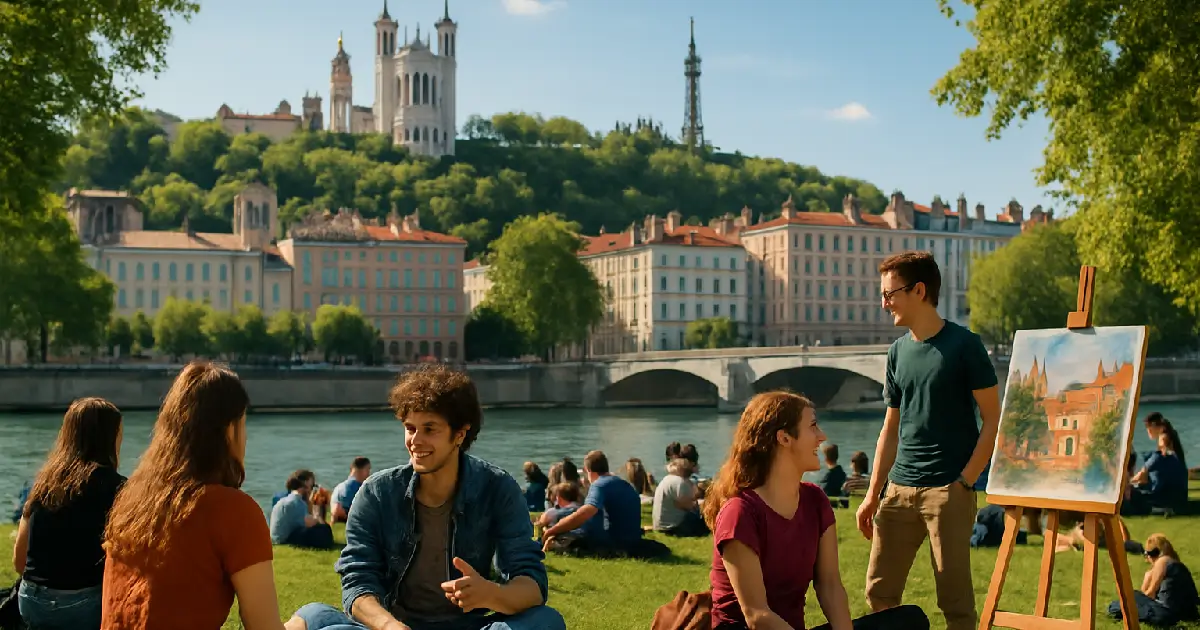 Lyonnais qui passent du bon temps sur les quais du Rhône en face de la Basilique de Fourvière