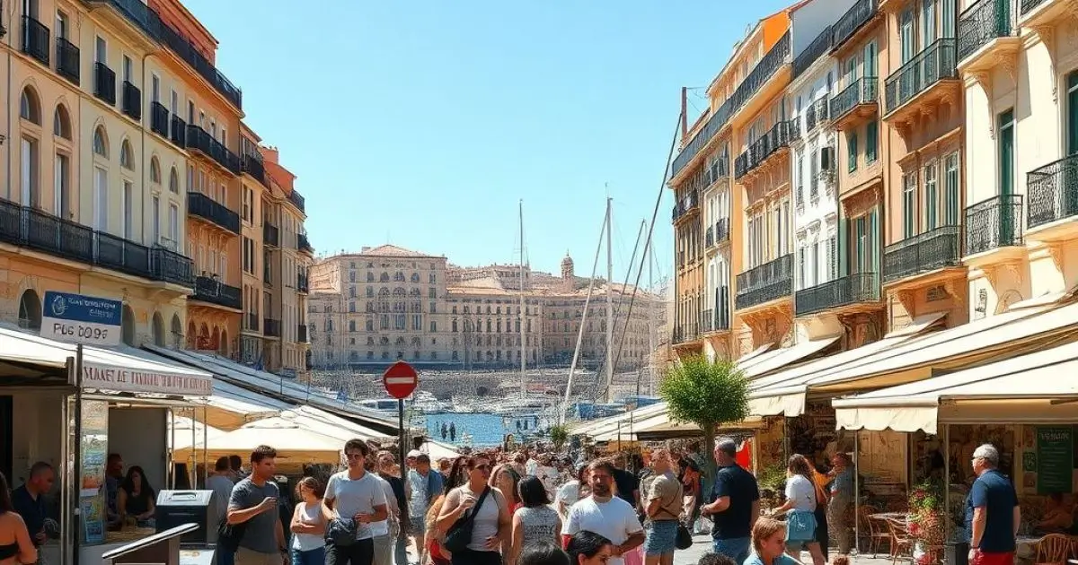 Port de Marseille en arrière plan avec beaucoup de personnes dans les rues