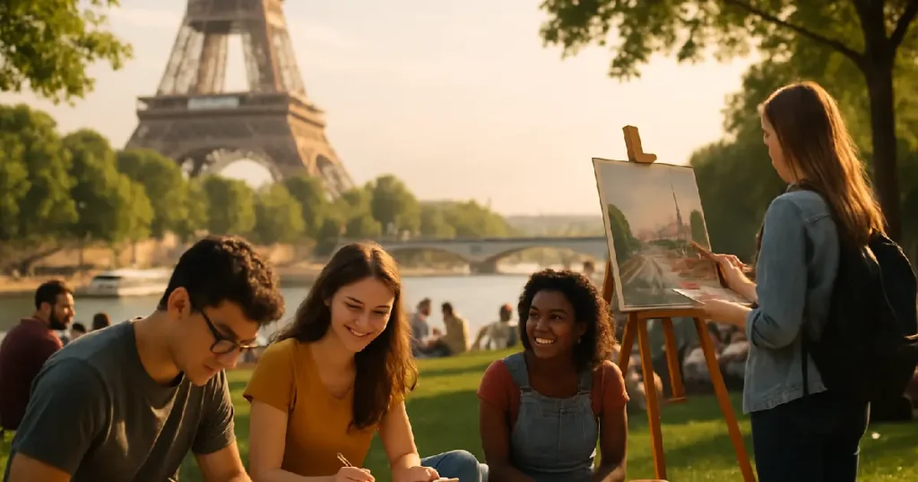 Groupes d'amis rigolent et discutent sur les quais de Pariq et une fille peint la tour Eiffel qui est en face