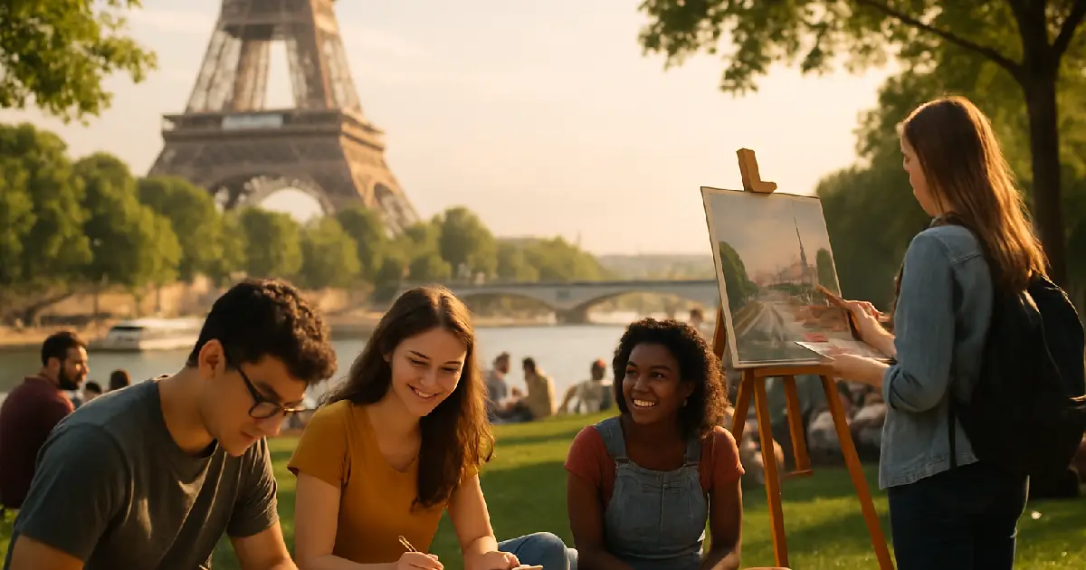 Groupes d'amis rigolent et discutent sur les quais de Pariq et une fille peint la tour Eiffel qui est en face