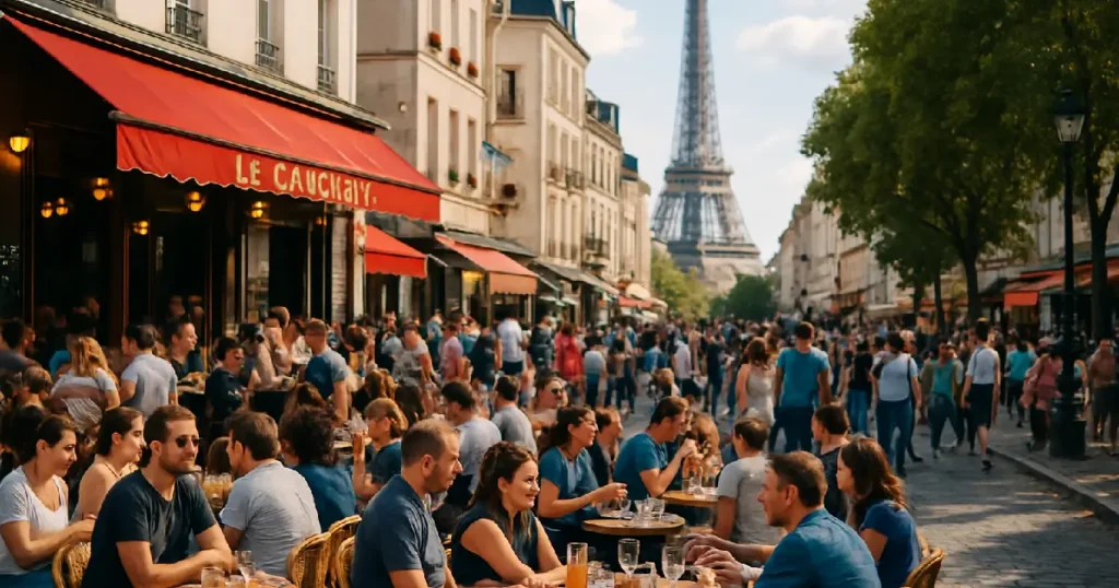 Parisiens en terrasse avec la tour Eiffel en arrière plan