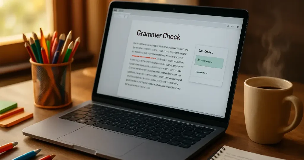 Ordinateur avec un site de correction de grammaire ouvert