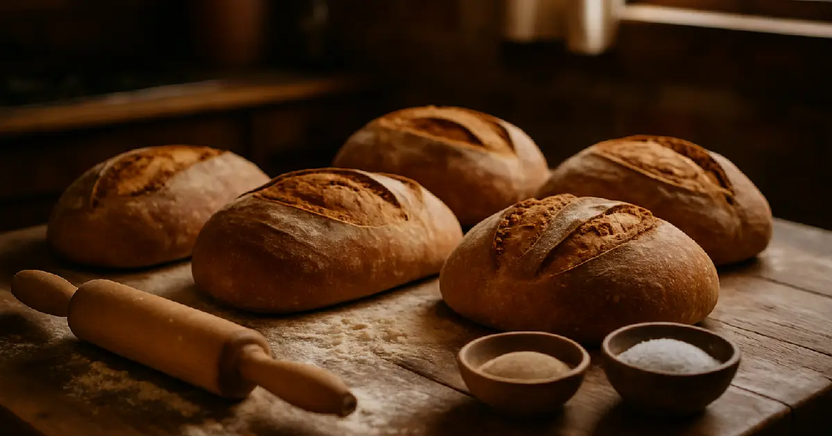Plusieurs miches de pain sont sur une table avec de la farine et un rouleau à pâtisserie