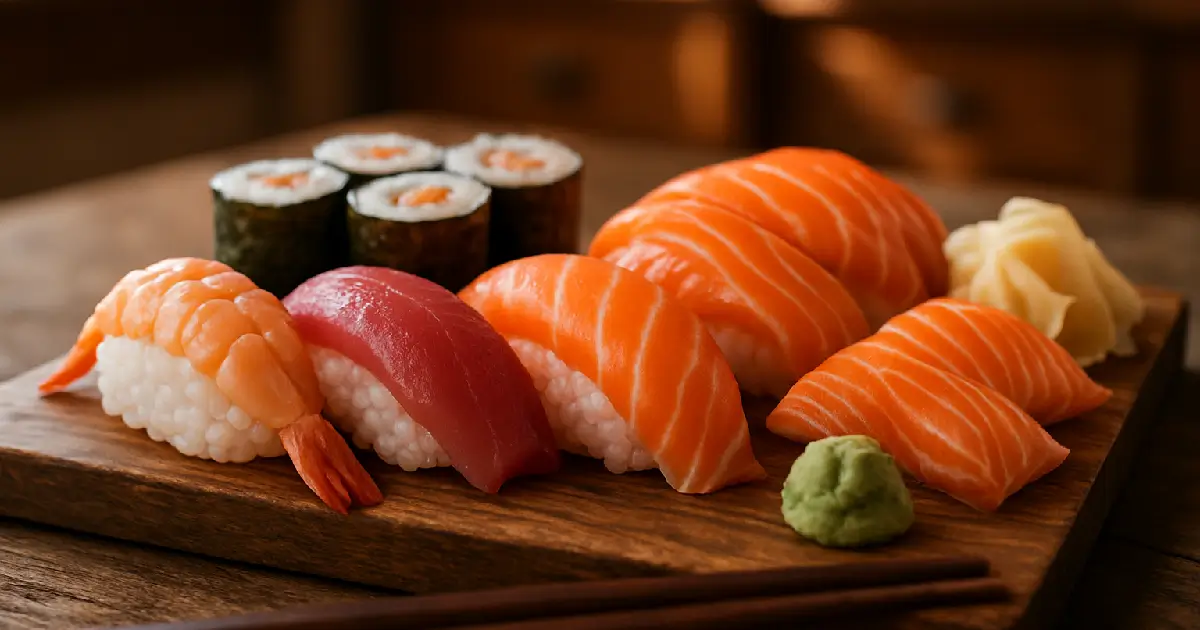 Sushis et makis sur une planche en bois avec un petit peu de wasabi