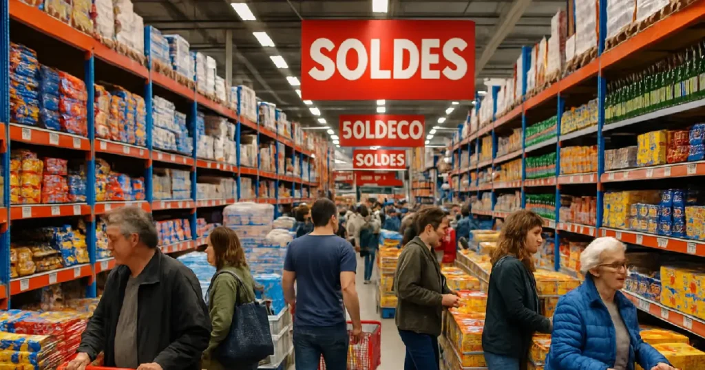 Personnes dans les rayons d'un magasin qui propose de nombreux articles en soldes