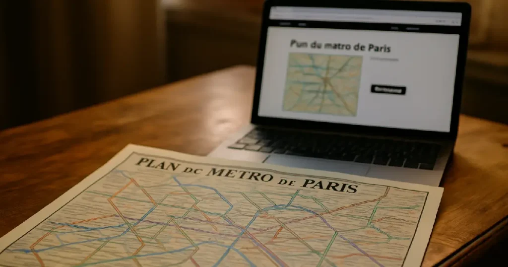 Plan du métro de Paris imprimé et ordinateur avec le plan en photo