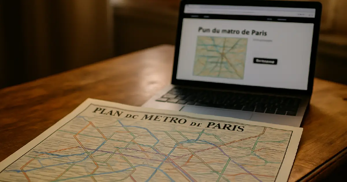 Plan du métro de Paris imprimé et ordinateur avec le plan en photo
