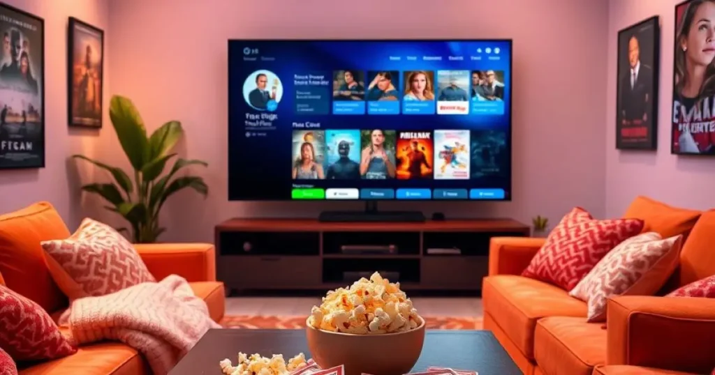 Plateforme de streaming affiché sur une télévision dans un salon et saladier de pop-corn