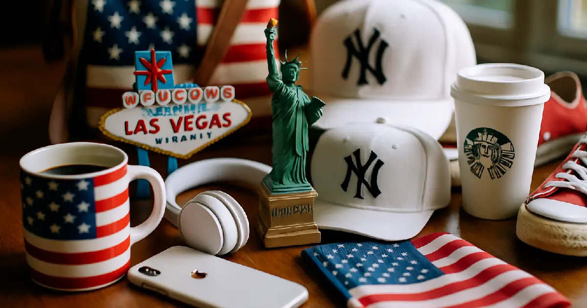 Différents produits et souvenirs des Etats-Unis comme une casquette ou un mug