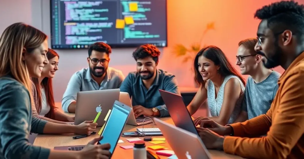 Réunion d'équipe pour échanger sur le code qui apparaît sur l'écran du fond