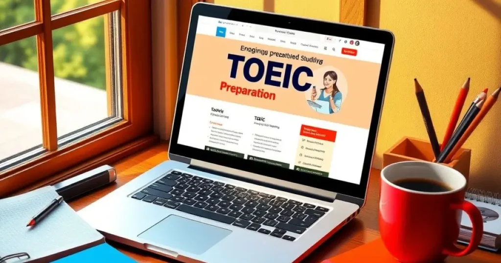 ordinateur avec un site de révision du toeic ouvert