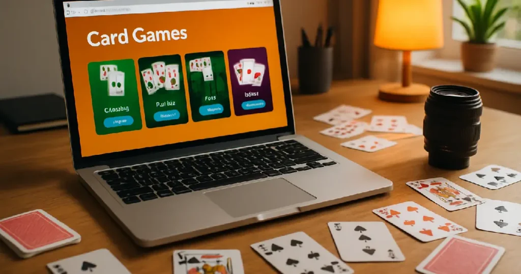 Ordinateur avec un site de jeux de cartes ouvert et plusieurs cartes étalées sur une table