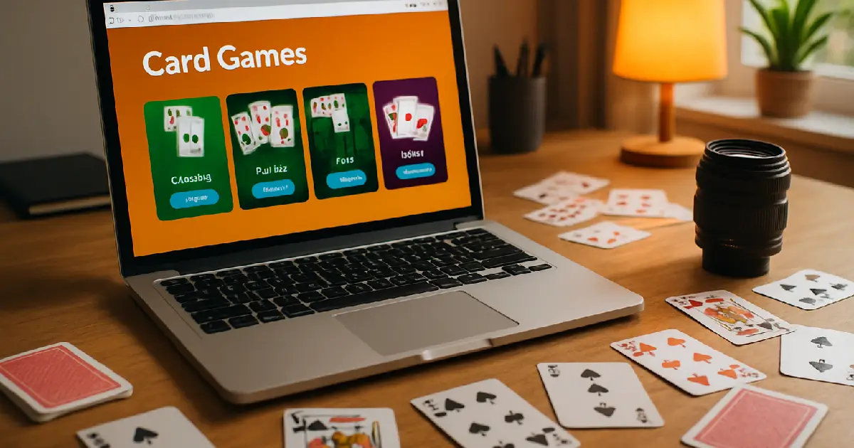 Ordinateur avec un site de jeux de cartes ouvert et plusieurs cartes étalées sur une table