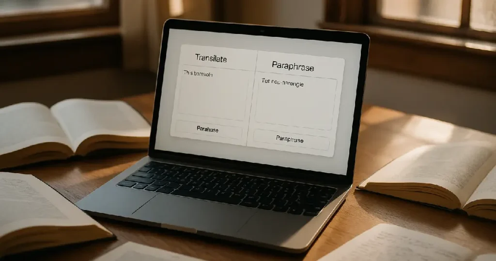 Site internet avec d'un côté une traduction de texte et de l'autre une reformulation