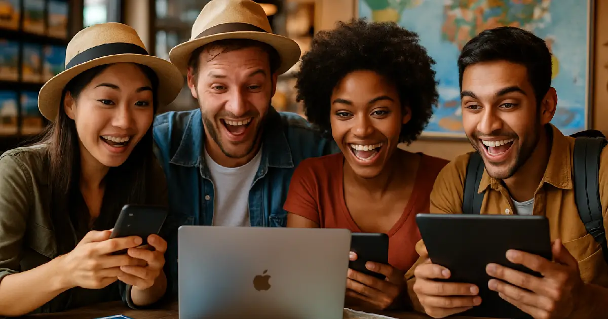 Des amis qui consultent différents sites et applis pour trouver les meilleurs plans pour partir en vacances