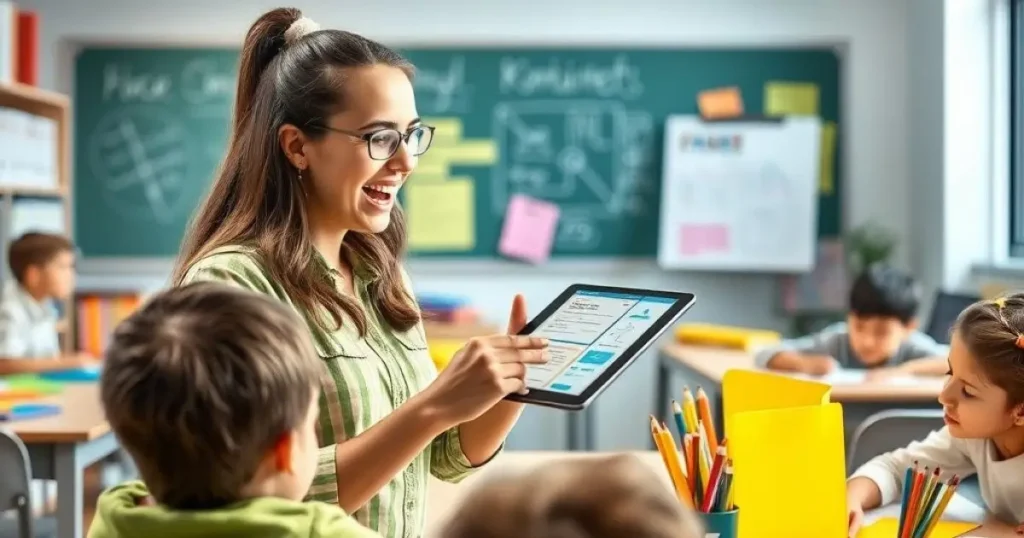 Professeur qui donne des exercices à ses élèves de primaire